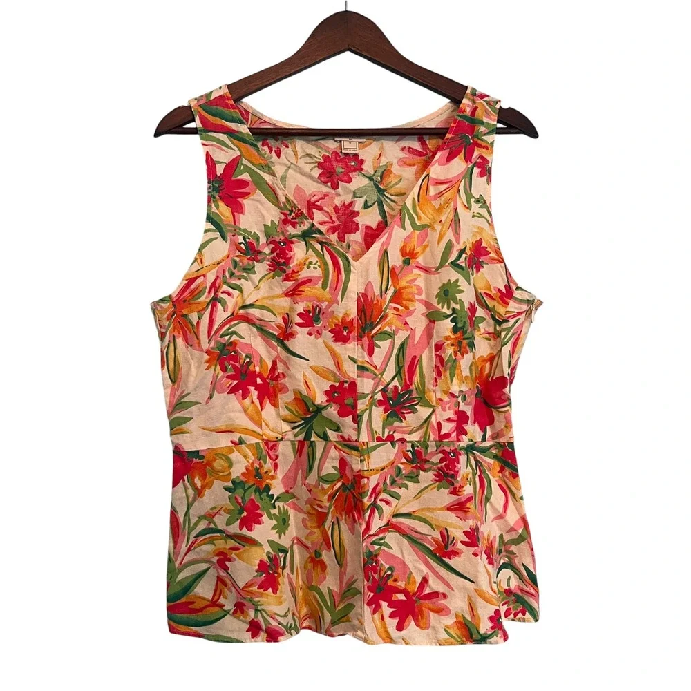 J.Crew Womens Floral Linen V-Neck Peplum Tank Top Pink Orange G5318 Size 12